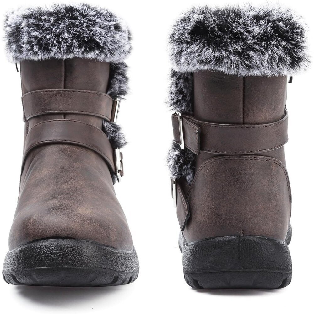 Womens Brown pu  Snow Boots with Zipper Waterproof Leather Fur Lined Warm Ankle - Picture 2 of 7